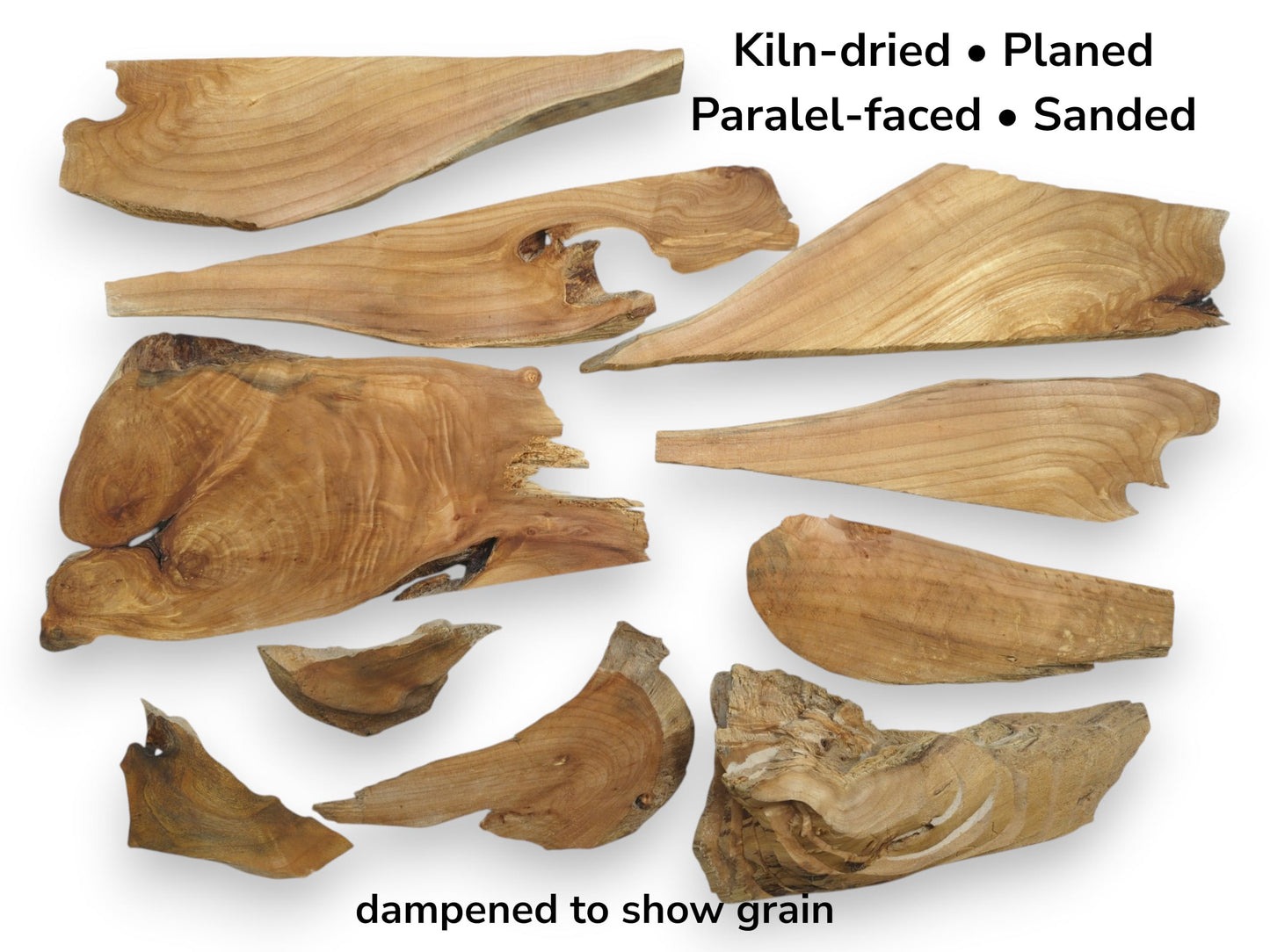 Various kiln-dried, planed, parallel-faced, and sanded alder wood pieces with natural edges and grain.