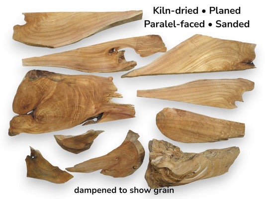 Various kiln-dried, planed, parallel-faced, and sanded alder wood pieces with natural edges and grain.