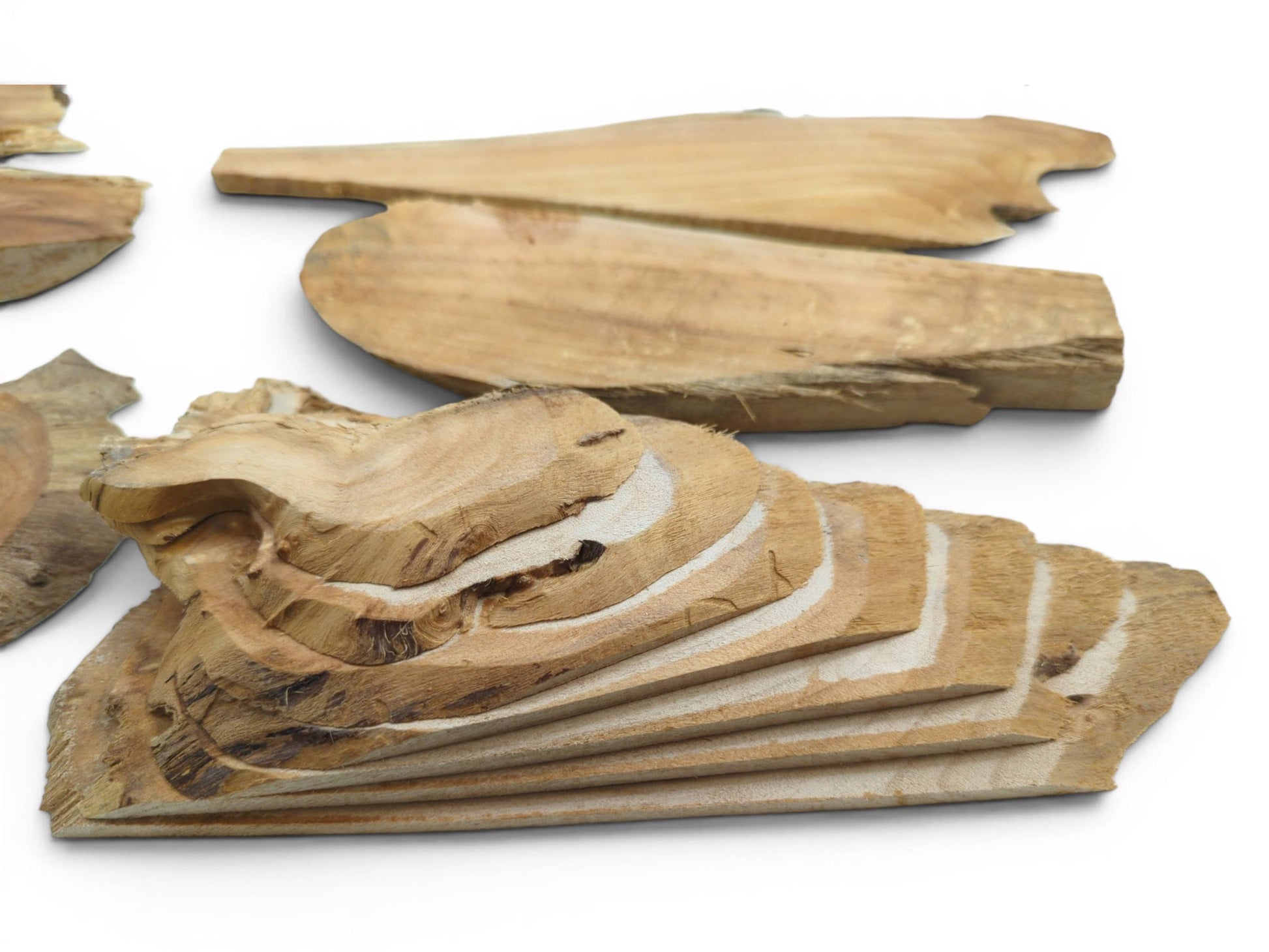 Several light brown alder wood pieces with natural edges and visible grain on a white background.