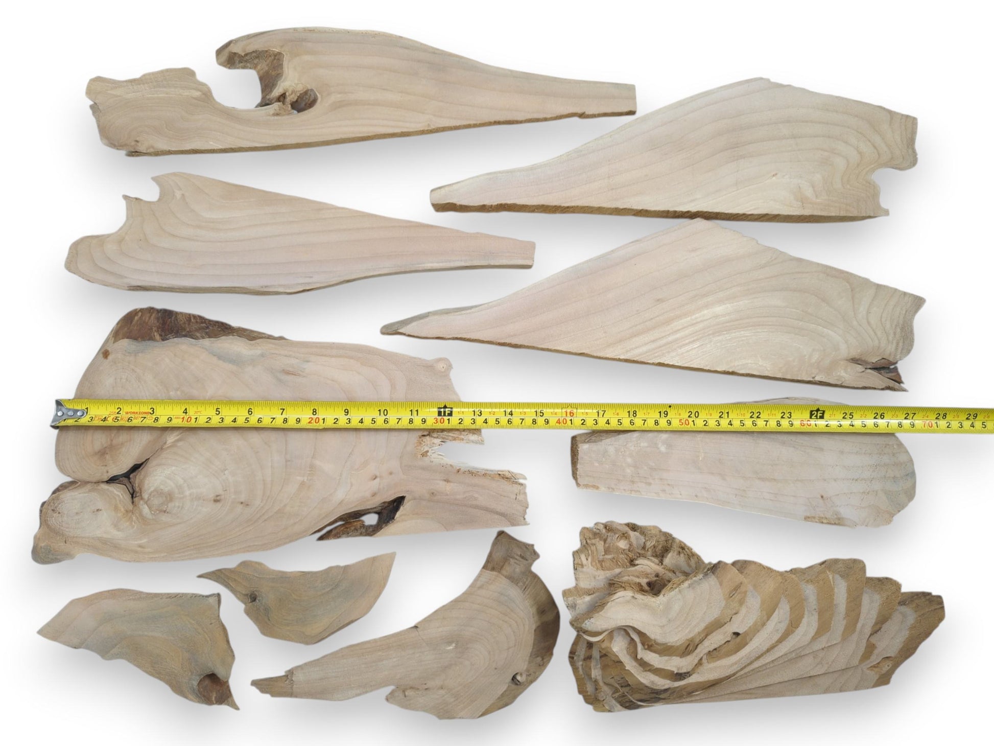 Various light-colored alder wood pieces with natural edges, visible grain, and some knots.