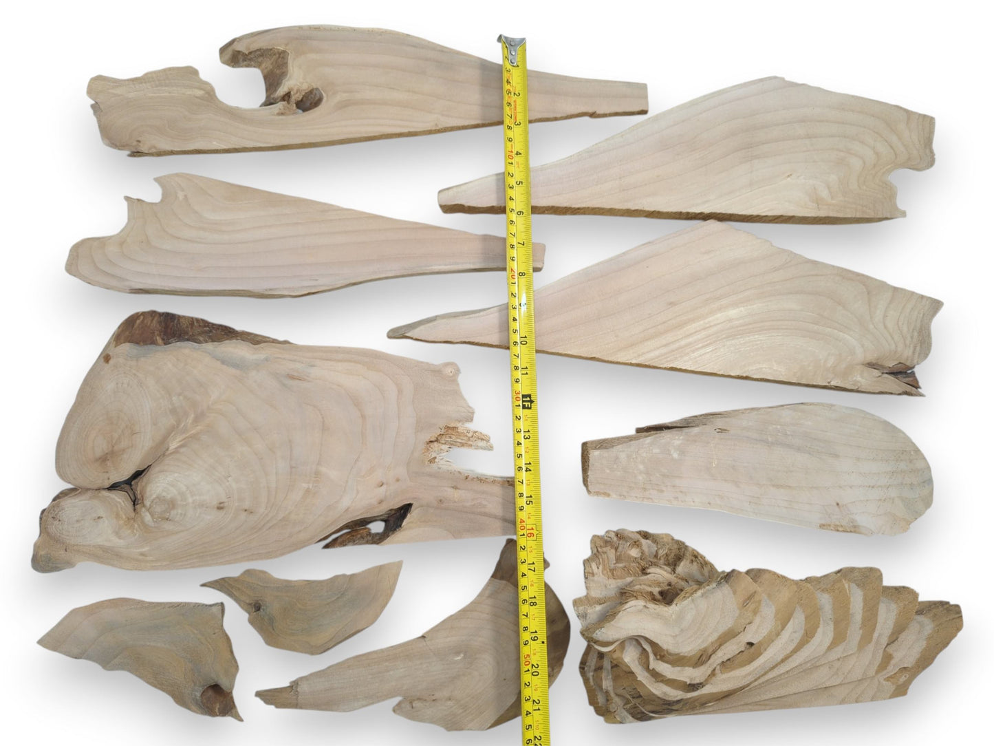 A collection of light-colored alder wood pieces with natural edges and visible grain patterns.