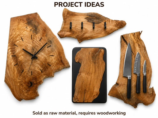 Four raw alder wood slices, one crafted into a clock, another a knife holder.