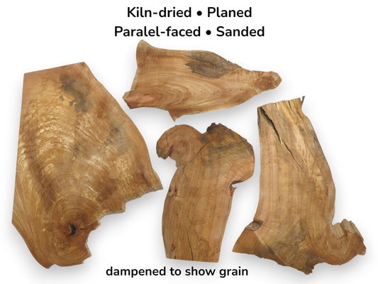 Four irregularly shaped, kiln-dried alder wood slices with visible grain and natural edges.