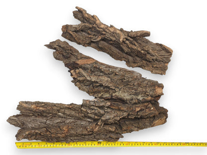 Two large pieces of rugged brown bark are arranged together above a yellow tape measure for scale.