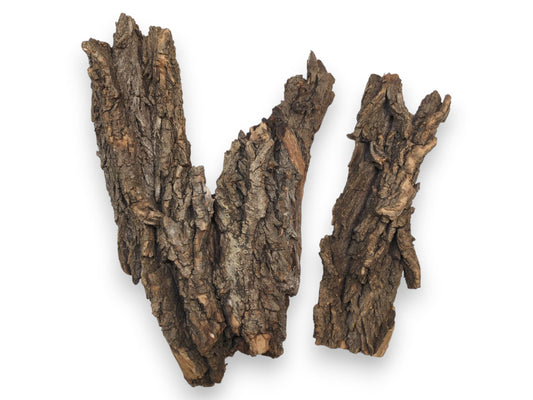 Two separate pieces of natural tree bark showing their rough, deeply fissured textures and jagged edges.