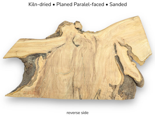 Image with text details displaying irregular beige wood slice with rough dark bark and sanded surface.