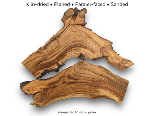 Two irregular, golden-brown wood slices with dark swirling grain patterns on a white background with text details.