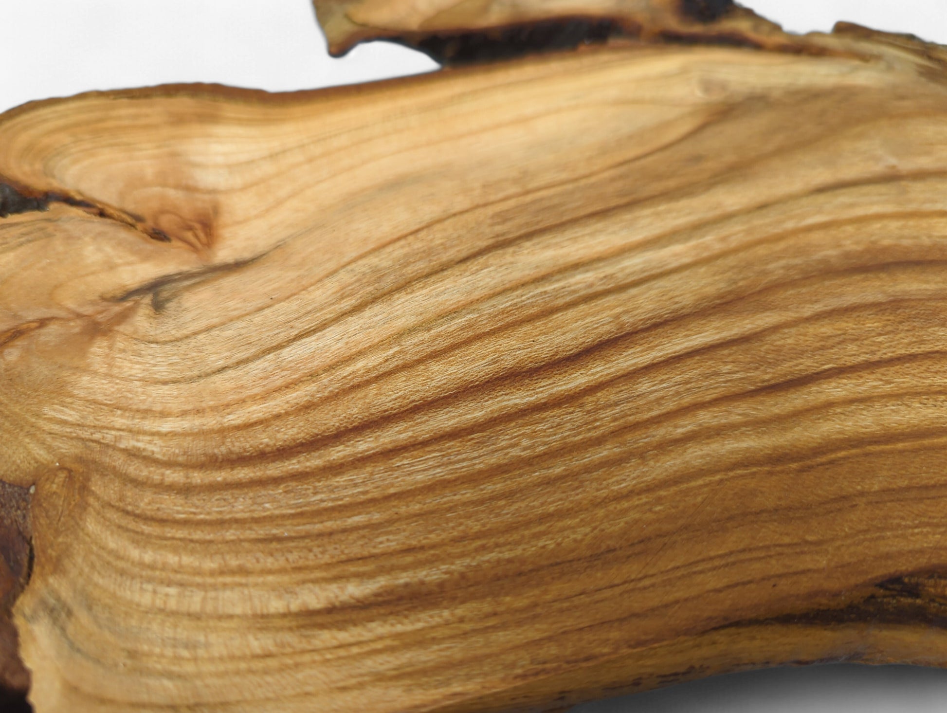 Smooth surface of a cherry root slice, showing light brown color, distinct wavy grain, and a dark edge.