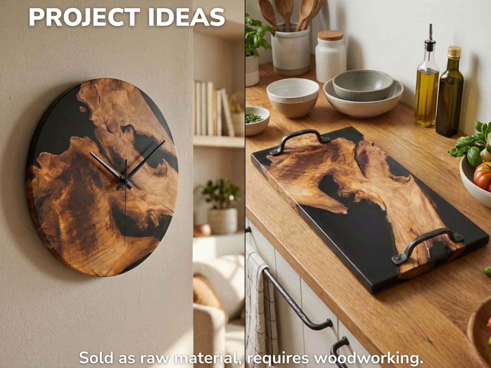 Collage with text showing woodworking project ideas: a circular clock and rectangular tray with handles.