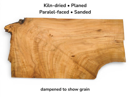 A prepared, dampened wild cherry slab with text overlay explaining it is kiln-dried and sanded.