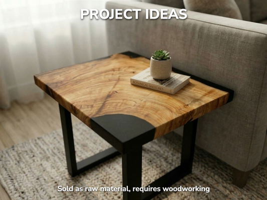 Example project photo: a live edge wild cherry slab and black resin built into an end table.