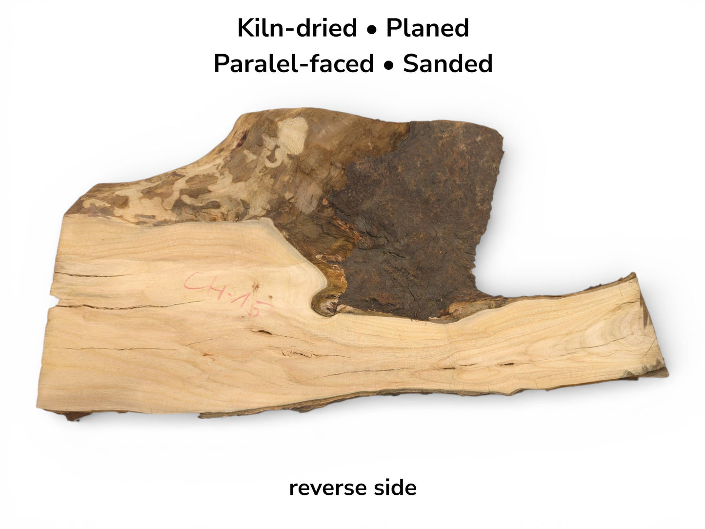 The reverse side of a kiln-dried cherry slab, displaying its rough bark and smooth, sanded surface.