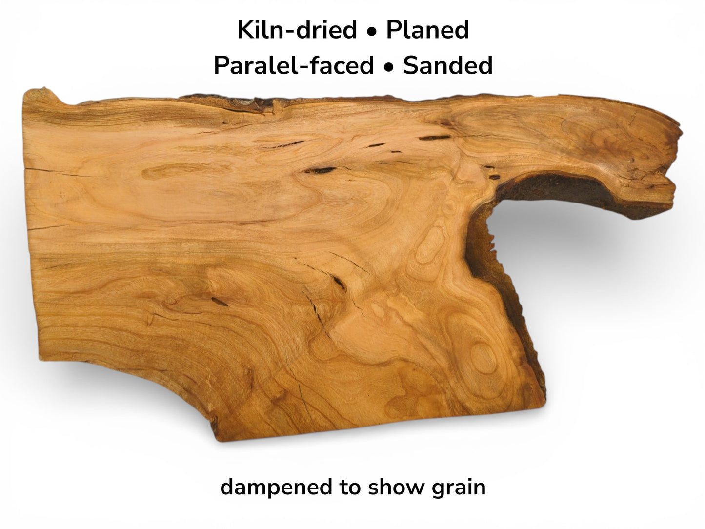 An image of a dampened live edge cherry slab with text overlay listing its prepared features.