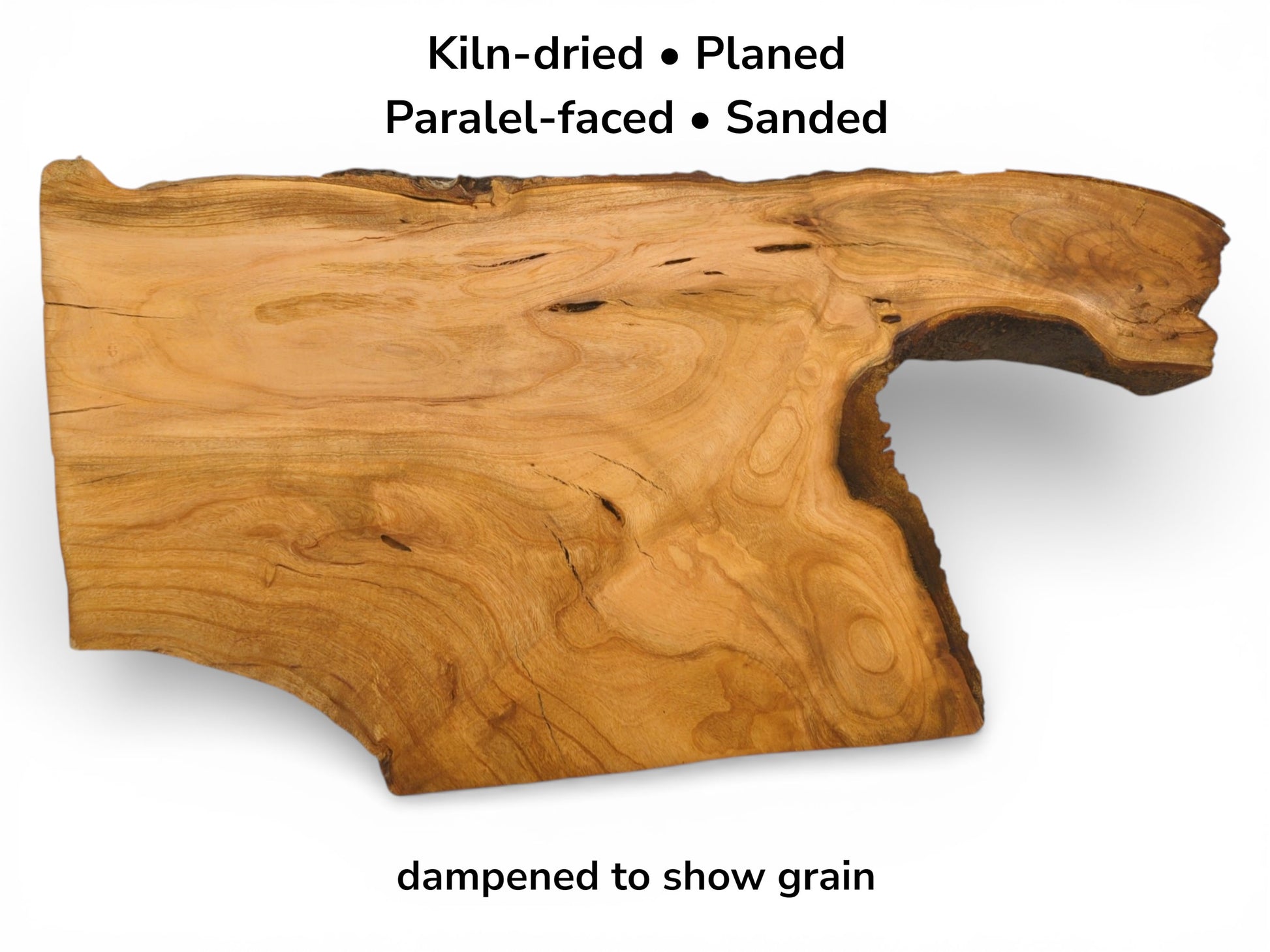 An image of a dampened live edge cherry slab with text overlay listing its prepared features.