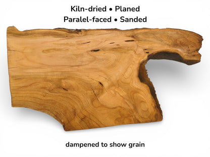 An image of a dampened live edge cherry slab with text overlay listing its prepared features.