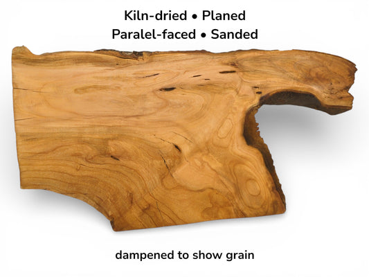 An image of a dampened live edge cherry slab with text overlay listing its prepared features.