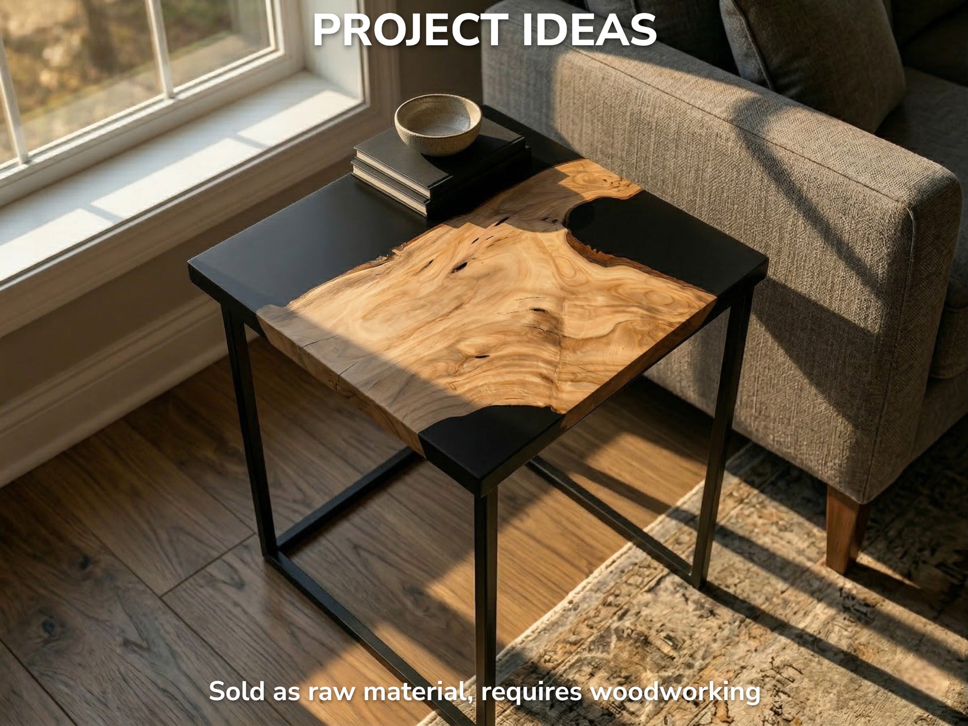 A finished project example of a square, live edge wood and black epoxy resin side table.