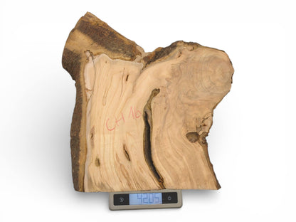 An irregular cherry timber slab with its bark intact sits atop a digital scale showing its weight.