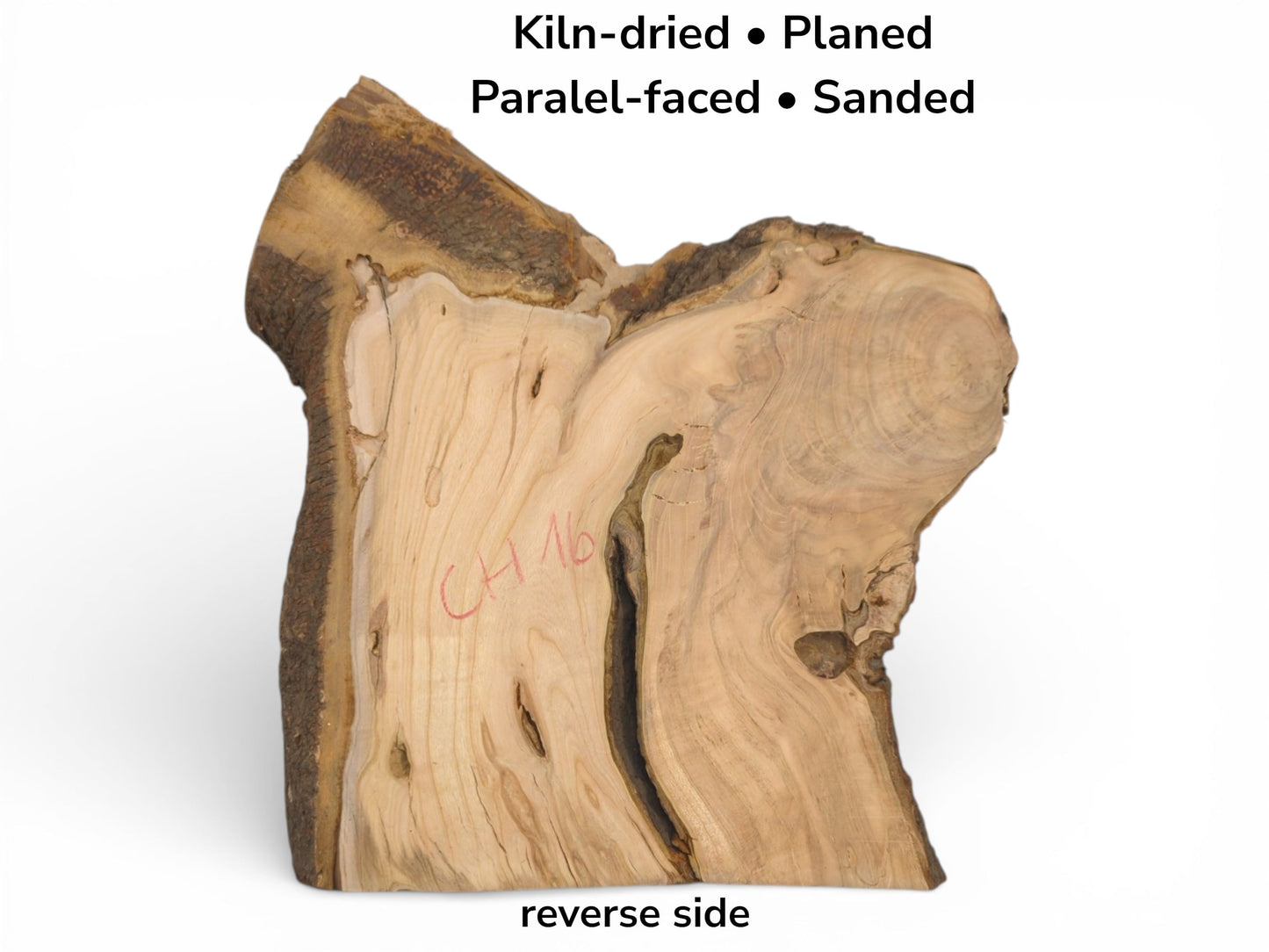 Image of a cherry wood slab's reverse side, with text detailing its preparation and sanding process.