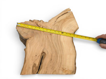 A hand stretches a yellow tape measure across the horizontal expanse of a live edge slab.