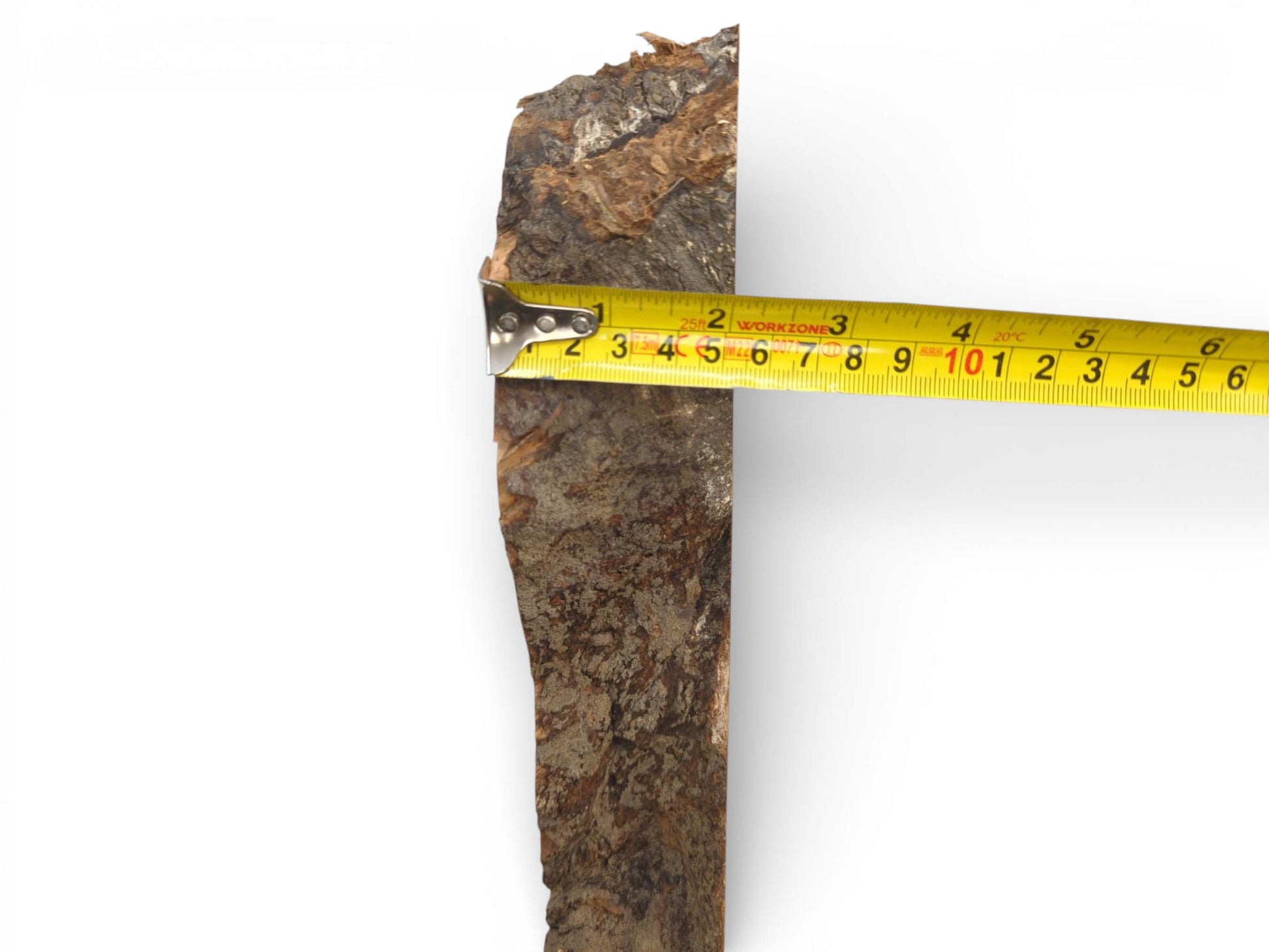 A yellow measuring tape is laid over a raw wood slab to gauge its side-to-side dimension.