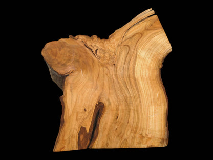 An overhead shot of a raw cherry timber slab, showing its natural shape and grain patterns.