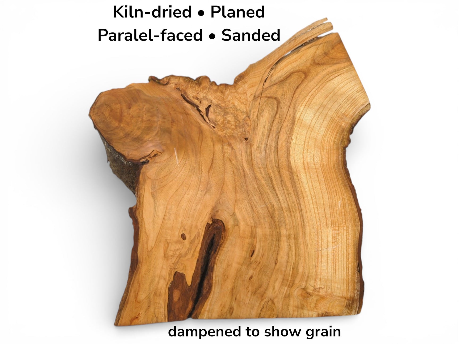 Photo with text explaining the slab's preparation, dampened to reveal the cherry wood's wavy grain.