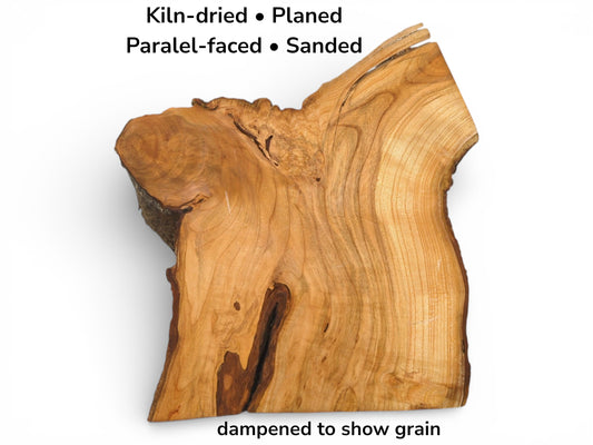 Photo with text explaining the slab's preparation, dampened to reveal the cherry wood's wavy grain.