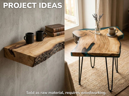 Collage with text showing project ideas: a live edge floating shelf and a glossy resin table.
