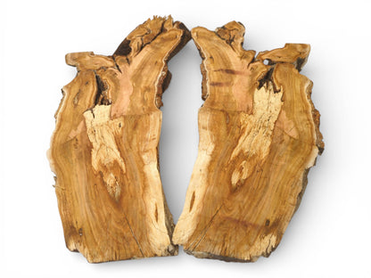 An overhead perspective of a single wood slab split into two halves, revealing intricate grain.