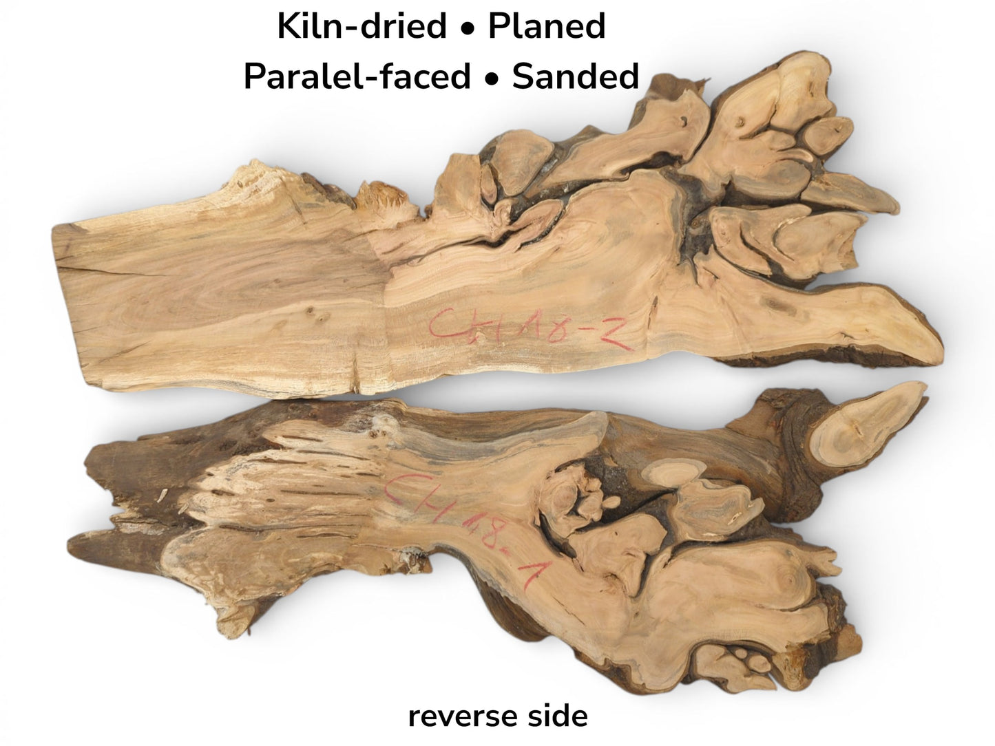 A planed, sanded cherry root slab is shown above its darker, more textured reverse side counterpart.