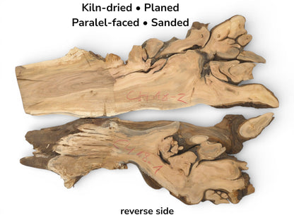 A planed, sanded cherry root slab is shown above its darker, more textured reverse side counterpart.