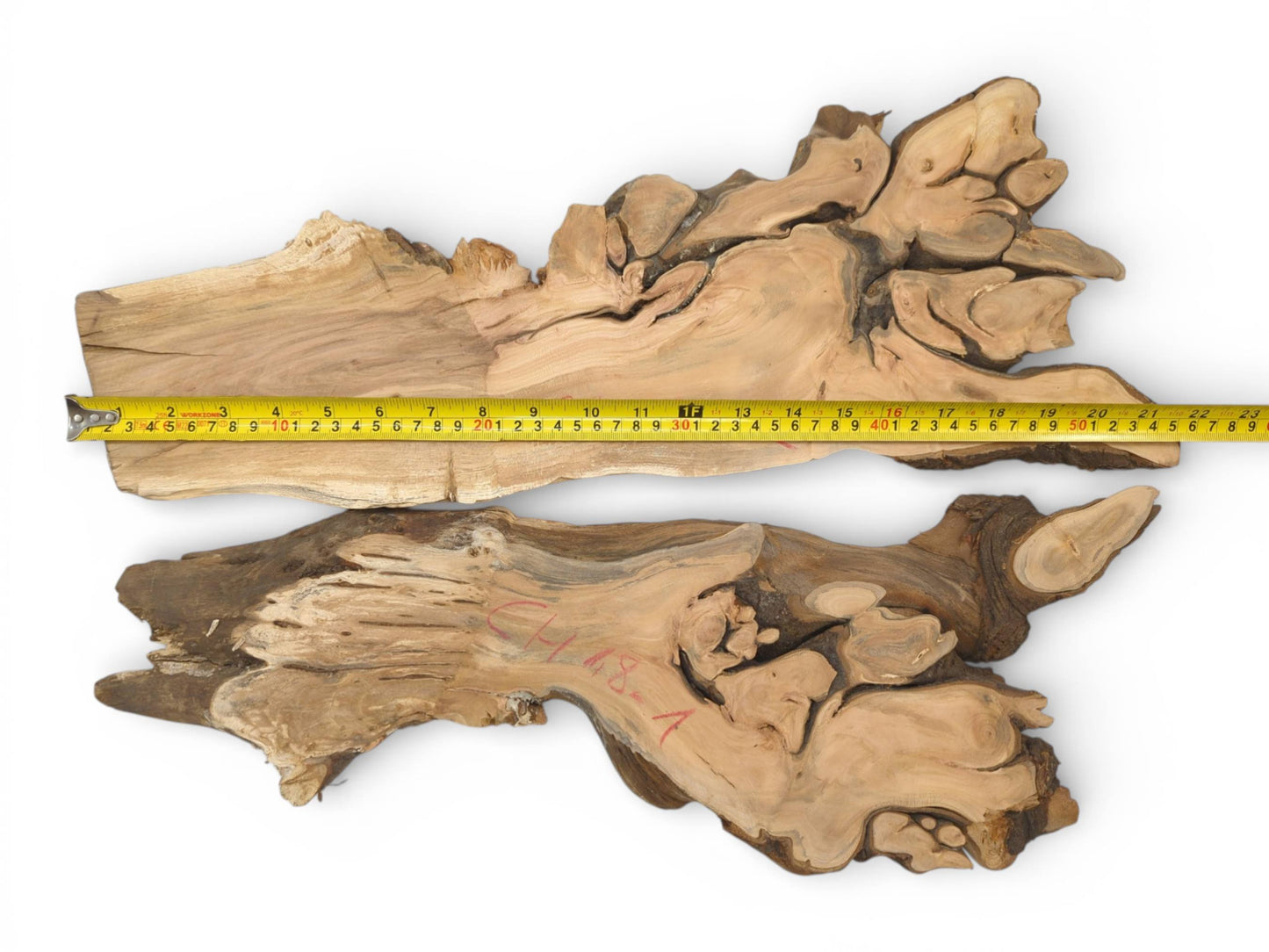 An overhead view of two bookmatched cherry root pieces with a measuring tape indicating their length.
