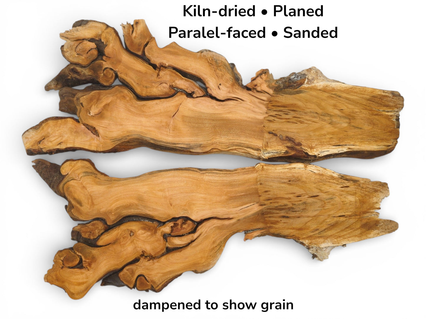 Two dampened cherry root slabs shown with text overlay detailing their kiln-dried and planed preparation.