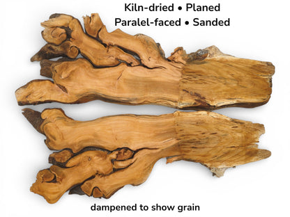 Two dampened cherry root slabs shown with text overlay detailing their kiln-dried and planed preparation.