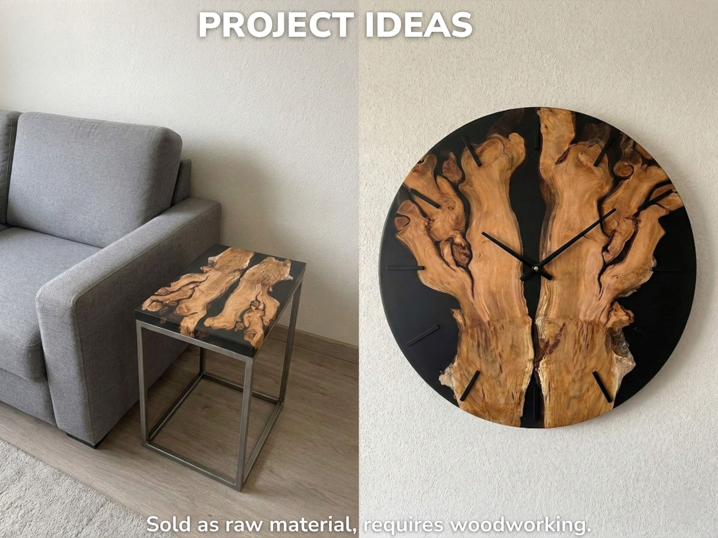 Collage shows two applications for cherry root slabs: a finished resin side table and wall clock.