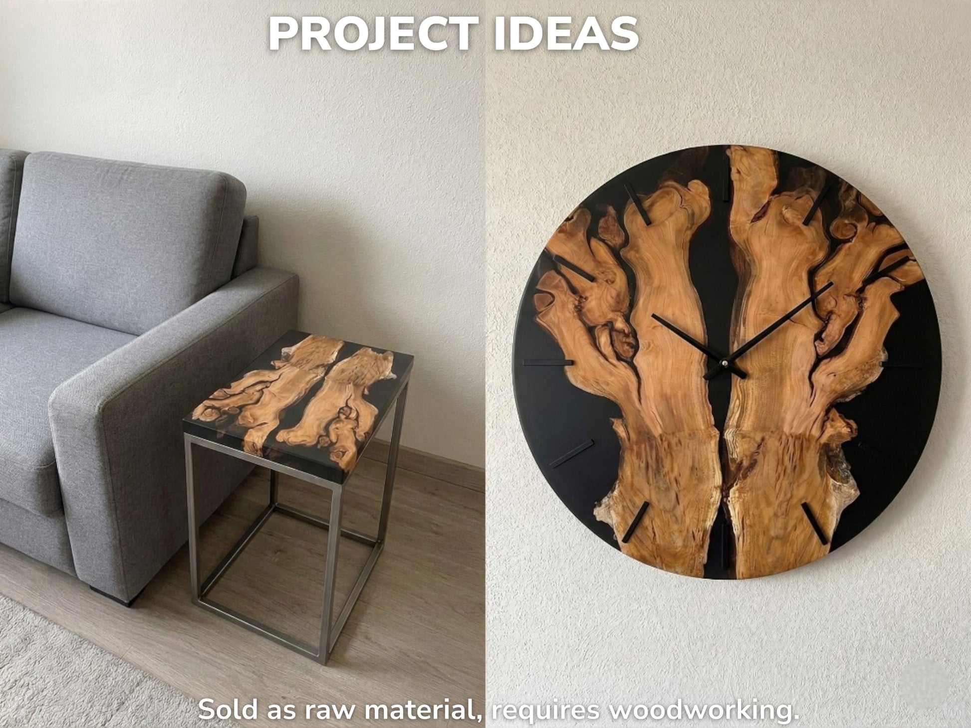 Collage shows two applications for cherry root slabs: a finished resin side table and wall clock.