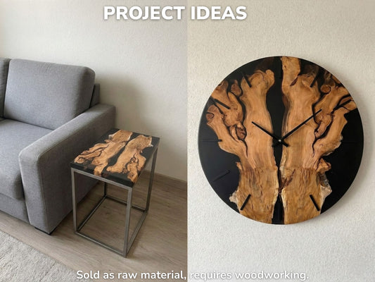 Collage shows two applications for cherry root slabs: a finished resin side table and wall clock.