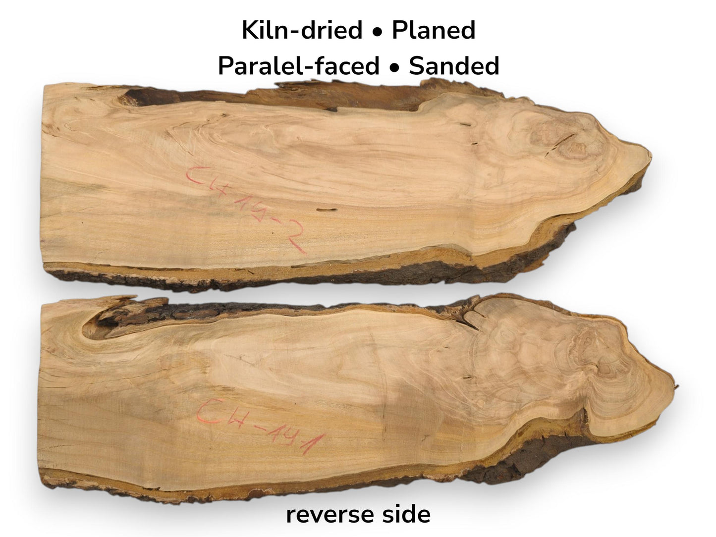 Image with text describing preparation, showing the front and reverse sides of two live-edge slabs.