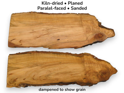 Image with text details comparing two cherry slabs, one dry and one dampened to show grain.