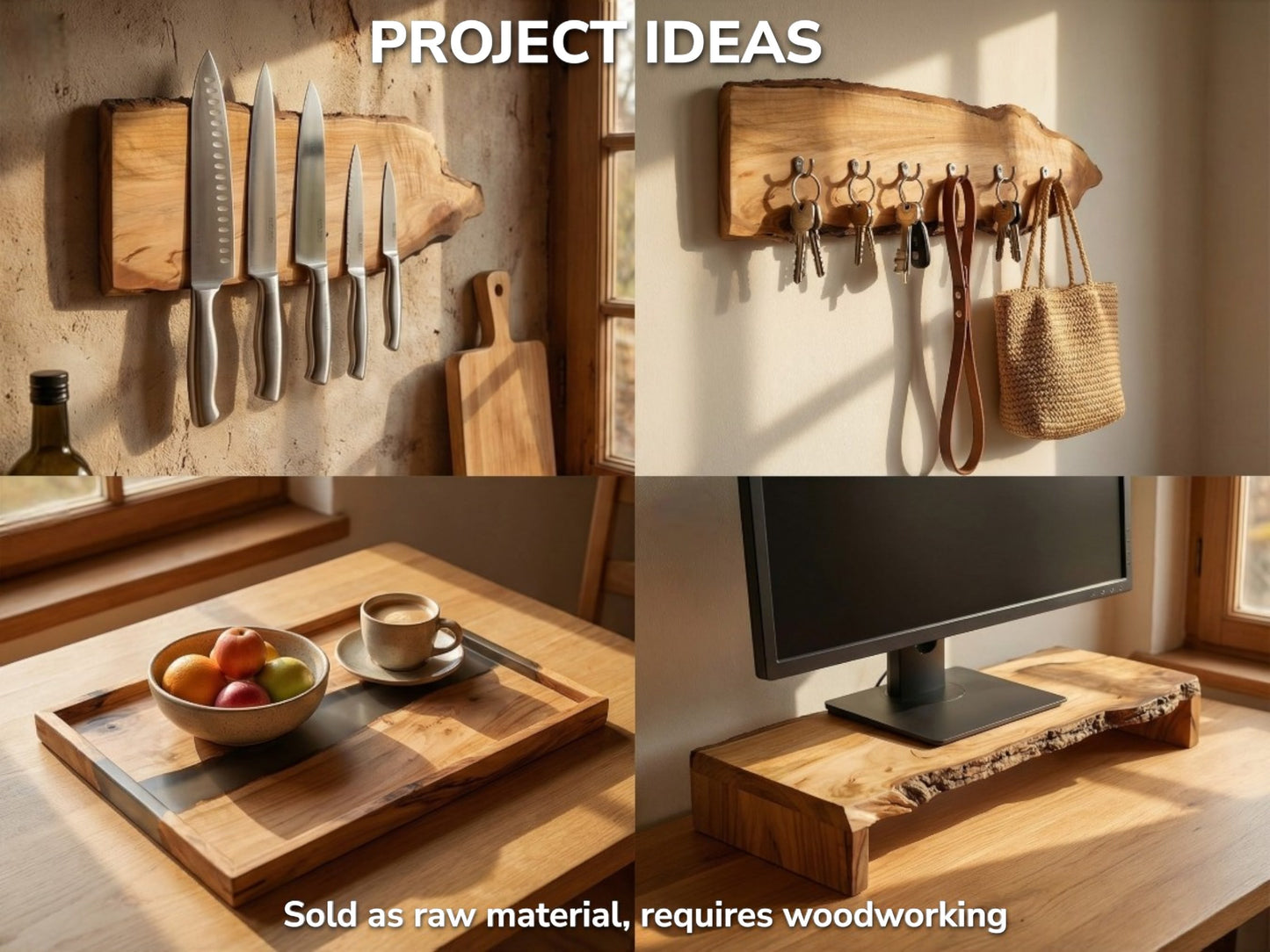 Collage with text showing four woodworking project ideas: knife holder, key rack, serving tray, monitor stand.