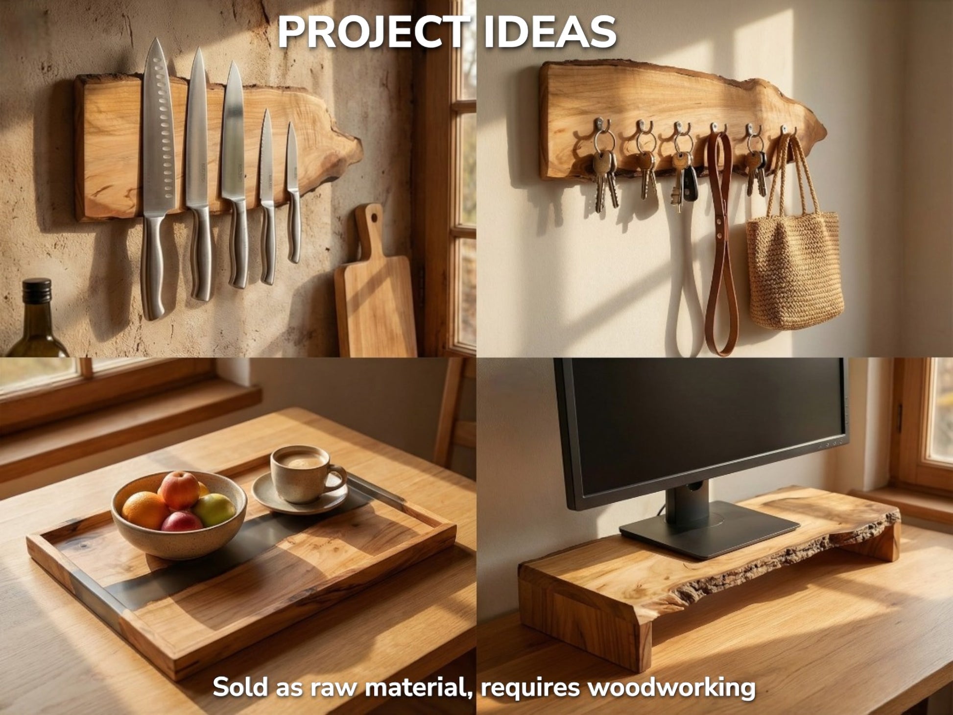 Collage with text showing four woodworking project ideas: knife holder, key rack, serving tray, monitor stand.