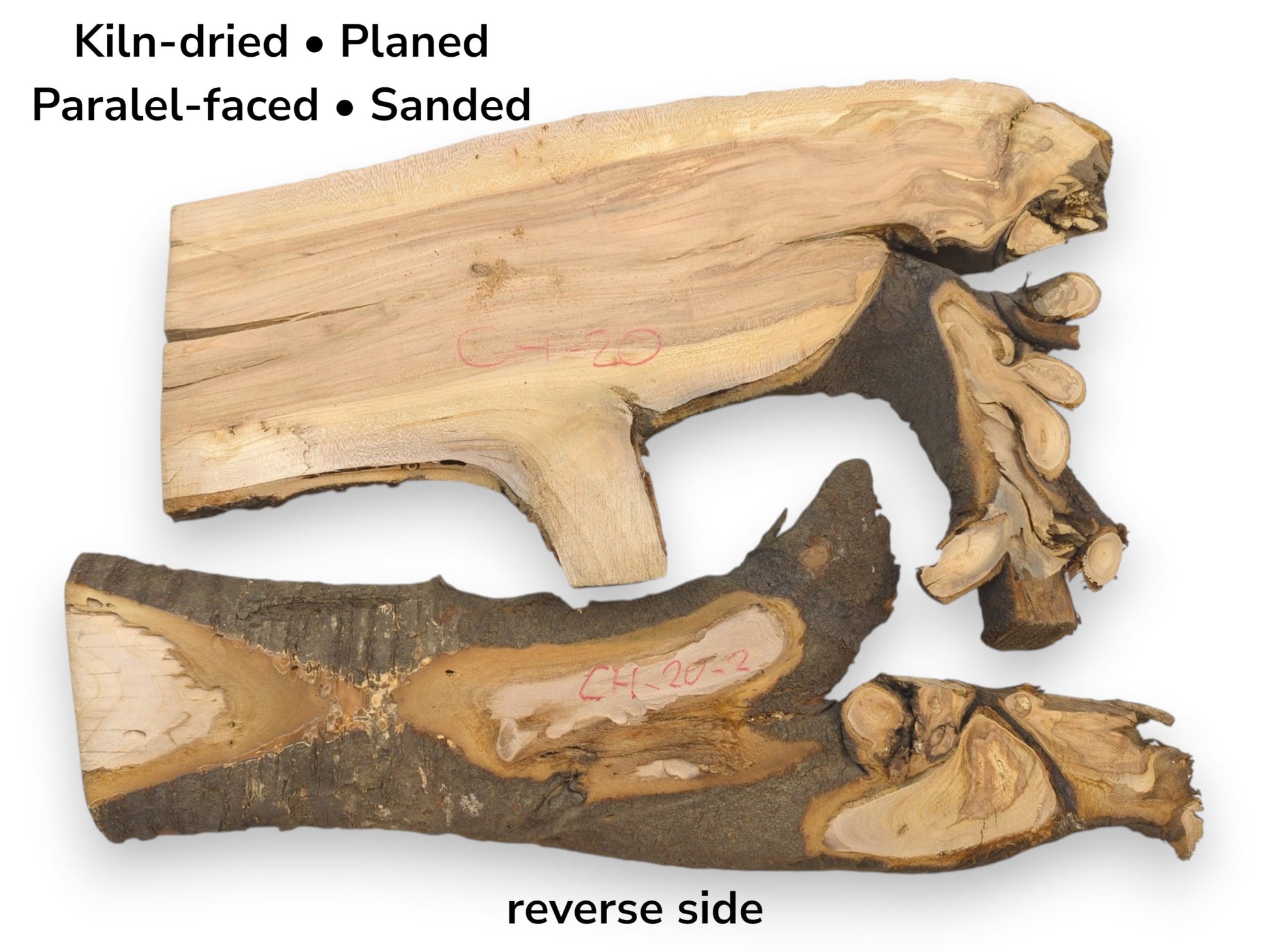 The planed front and bark-covered reverse of two irregularly shaped, gnarled wild cherry wood pieces.