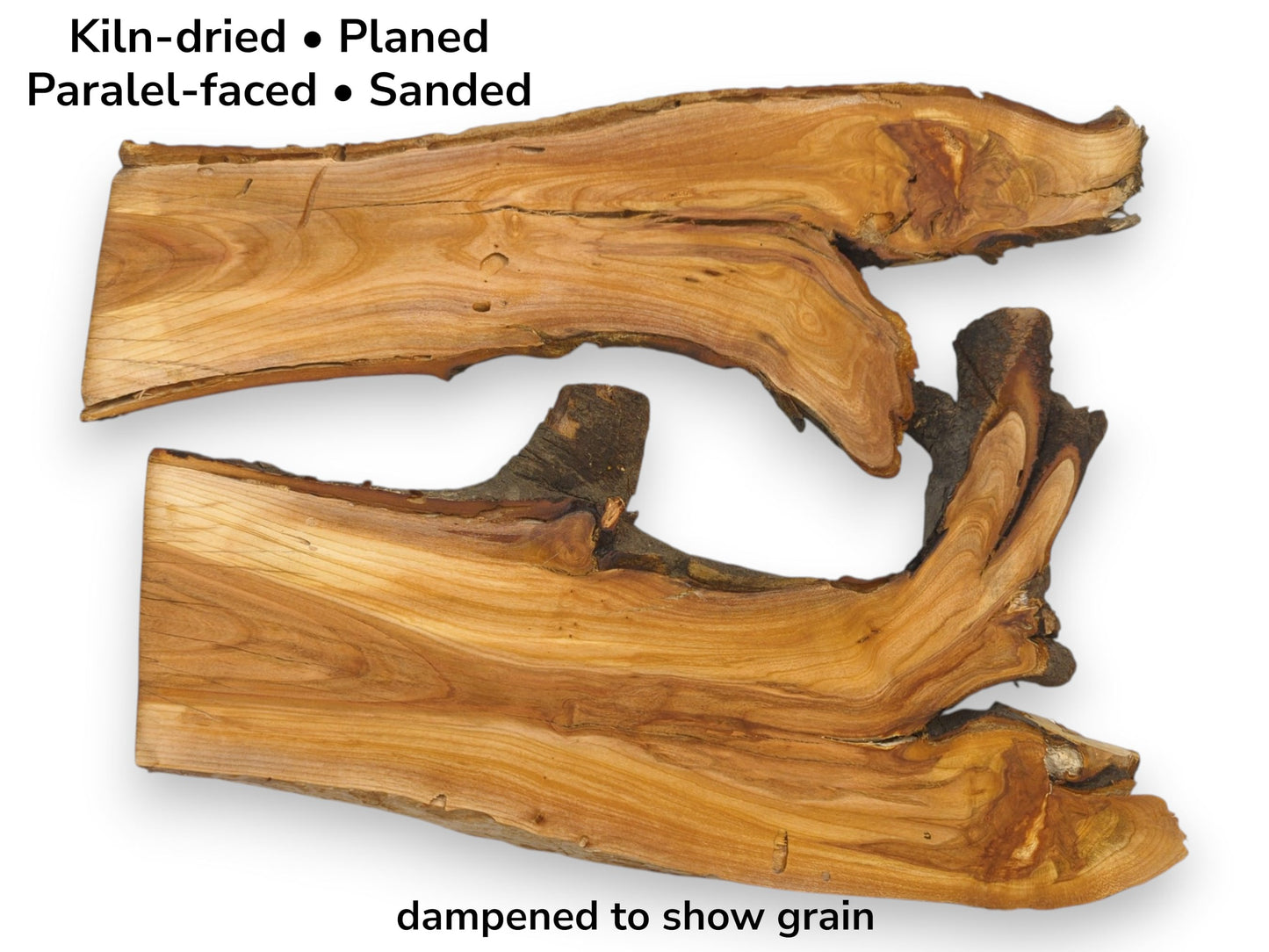 Image of two dampened, raw-edge wood slabs with text detailing their kiln-dried and sanded preparation.