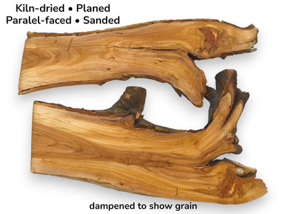 Image of two dampened, raw-edge wood slabs with text detailing their kiln-dried and sanded preparation.