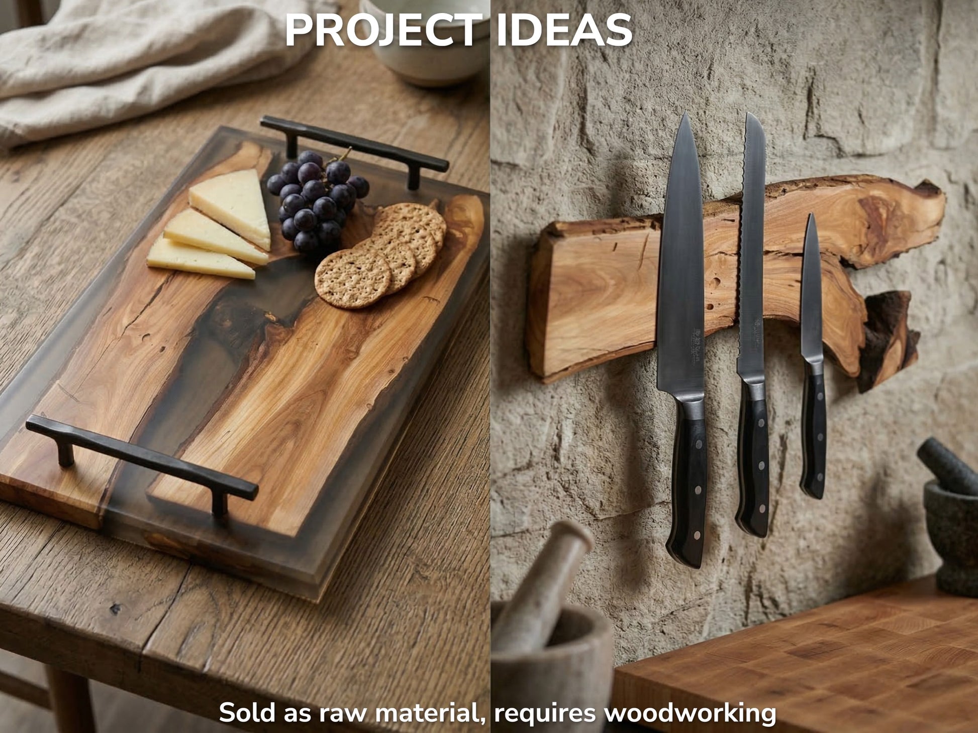 Collage of project ideas: a wood and clear epoxy serving tray and a magnetic knife holder.
