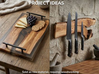 Collage of project ideas: a wood and clear epoxy serving tray and a magnetic knife holder.