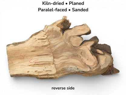 Image with text noting preparations on the reverse side of a raw-edged, irregular wood piece.