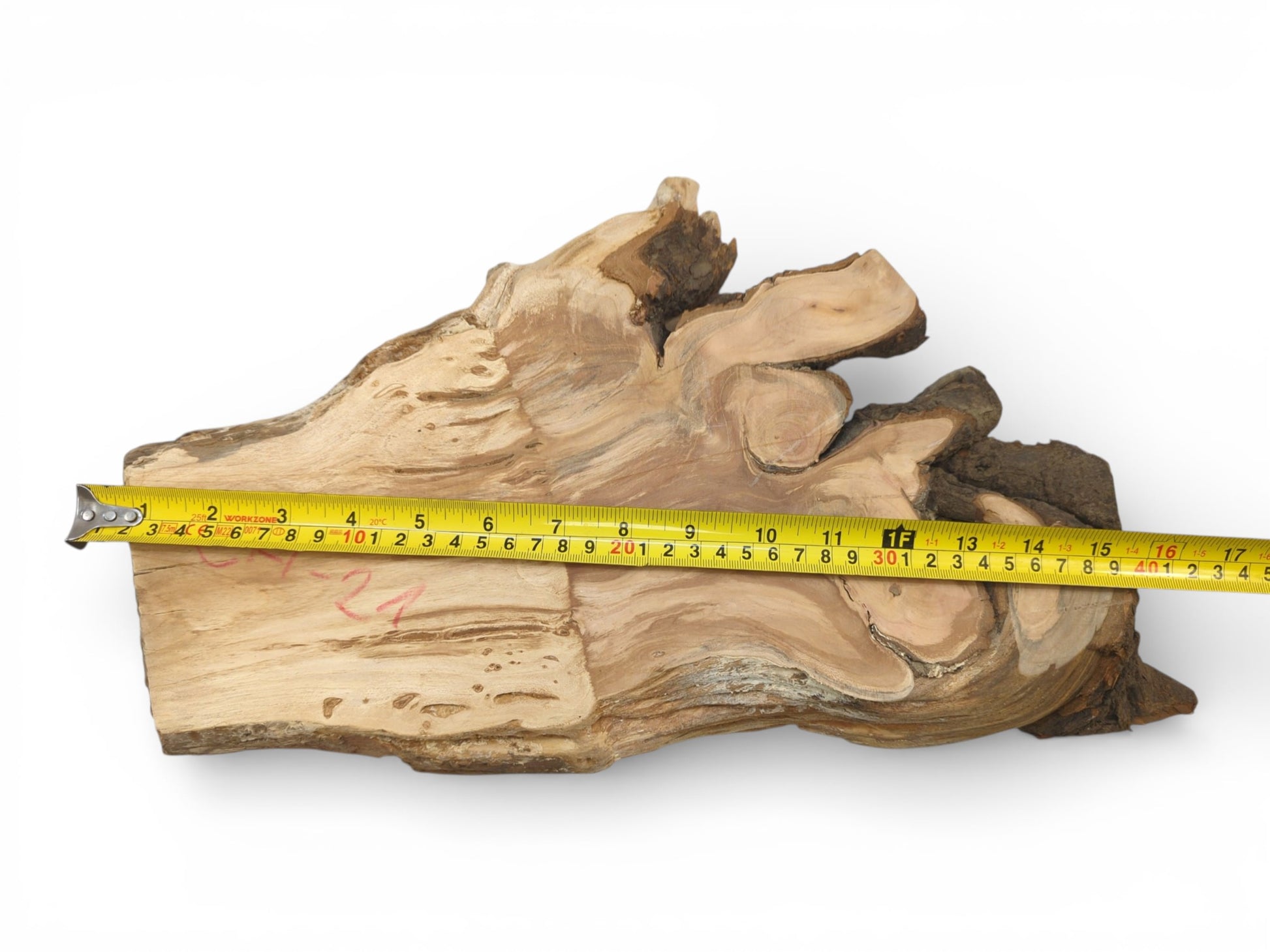 An irregular piece of raw lumber is measured horizontally with a yellow tape, showing its length.
