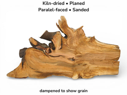 Image with text details showing a planed wild cherry slab, dampened to reveal its unique grain.